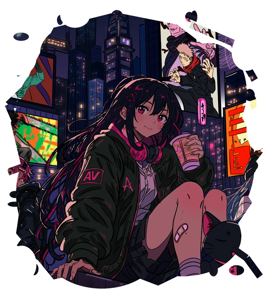 Animevania: an anime girl in a green AV bomber jacket, framed by a painterly crop of the original city artwork.