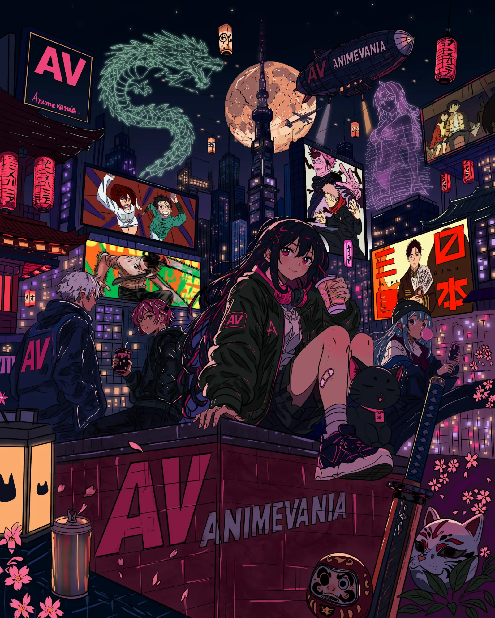 The full Animevania cover painting: a girl on a neon Tokyo rooftop ledge with anime characters, billboards, a jade dragon and a full moon.