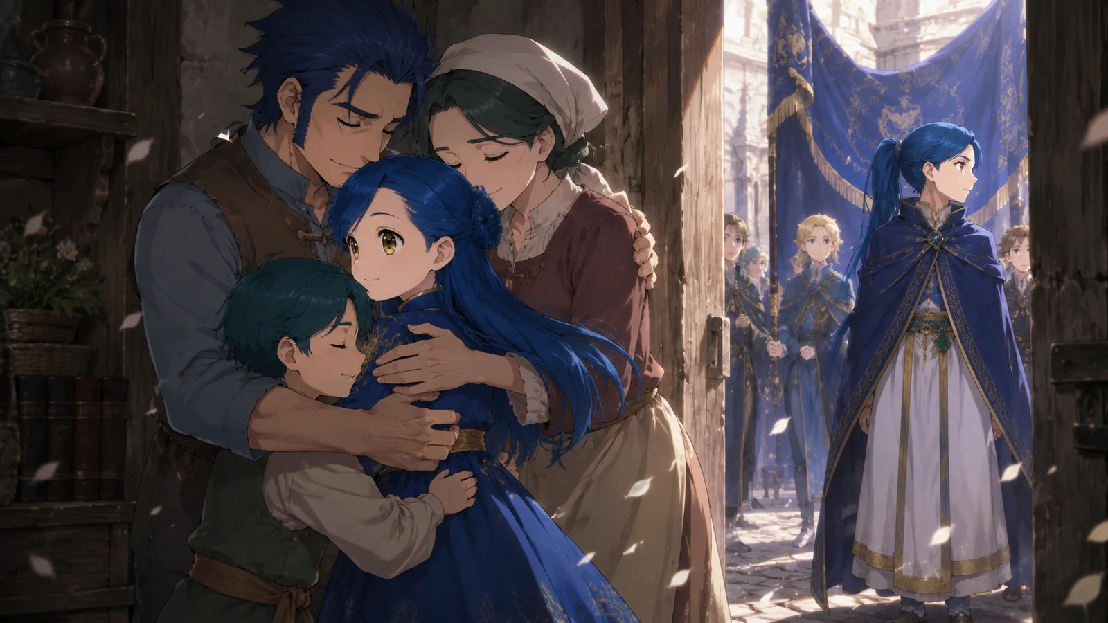 Myne saying goodbye to her family before becoming Rozemyne